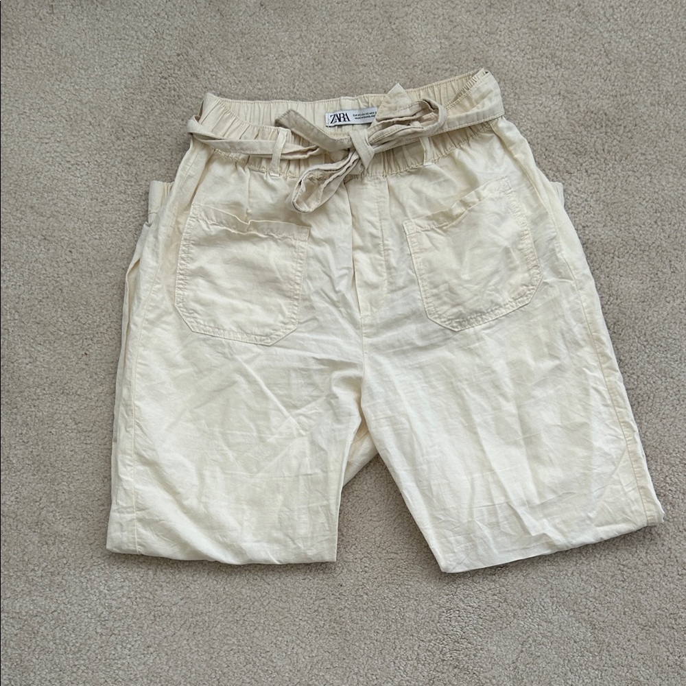 Zara Women's Beige Tie-Waist Linen-Cotton Pants - Size XS